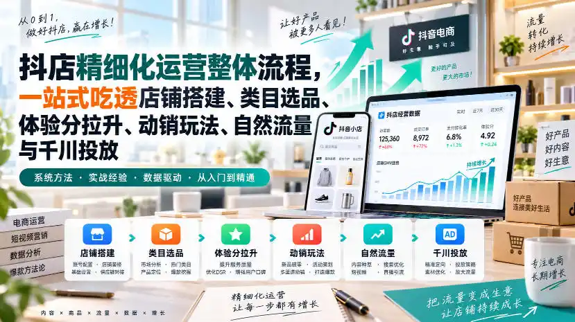 李哥电商-抖店精细化运营整体流程，一站式吃透店铺搭建、类目选品、体验分拉升、动销玩法、自然流量与千川投放-北极星资源库