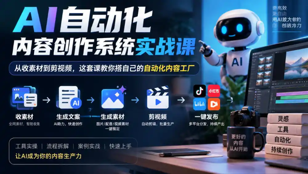 AI自动化内容创作系统实战课,从收素材到剪视频,这套课教你搭自己的自动化内容工厂-北极星资源库