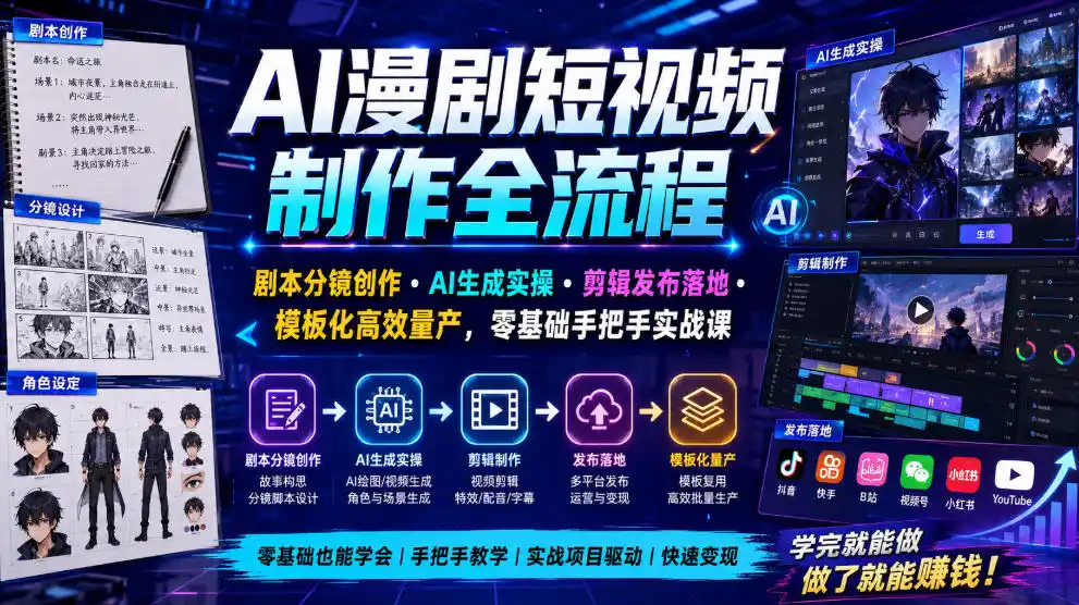 AI漫剧短视频制作全流程｜剧本分镜创作・AI生成实操・剪辑发布落地・模板化高效量产，零基础手把手实战课-北极星资源库