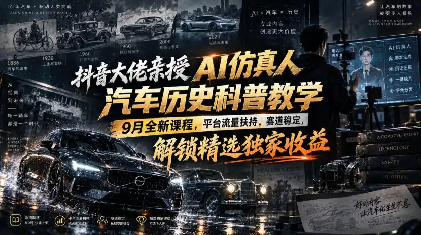 抖音大佬亲授AI仿真人汽车历史科普教学，9月全新课程，平台流量扶持，赛道稳定，解锁精选独家收益-北极星资源库