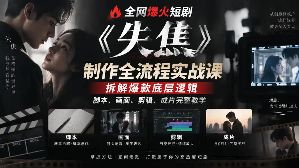 全网爆火短剧《失焦》制作全流程实战课|拆解爆款底层逻辑,脚本、画面、剪辑、成片完整教学-北极星资源库