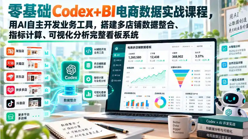 零基础Codex+BI电商数据实战课程，用AI自主开发业务工具，搭建多店铺数据整合、指标计算、可视化分析完整看板系统-北极星资源库