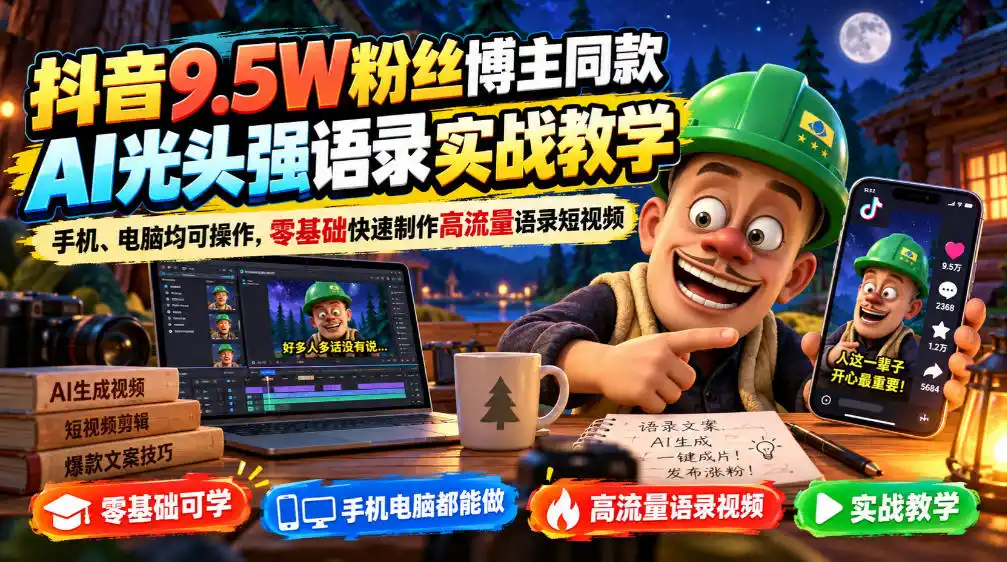 抖音9.5W粉丝博主同款AI光头强语录实战教学，手机、电脑均可操作，零基础快速制作高流量语录短视频-北极星资源库