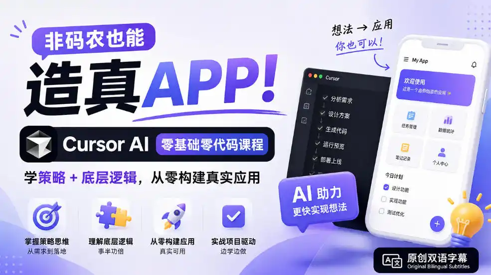 非码农也能造真APP！Cursor AI零基础零代码课程：学策略+底层逻辑，从零构建真实应用【原创双语字幕】-北极星资源库