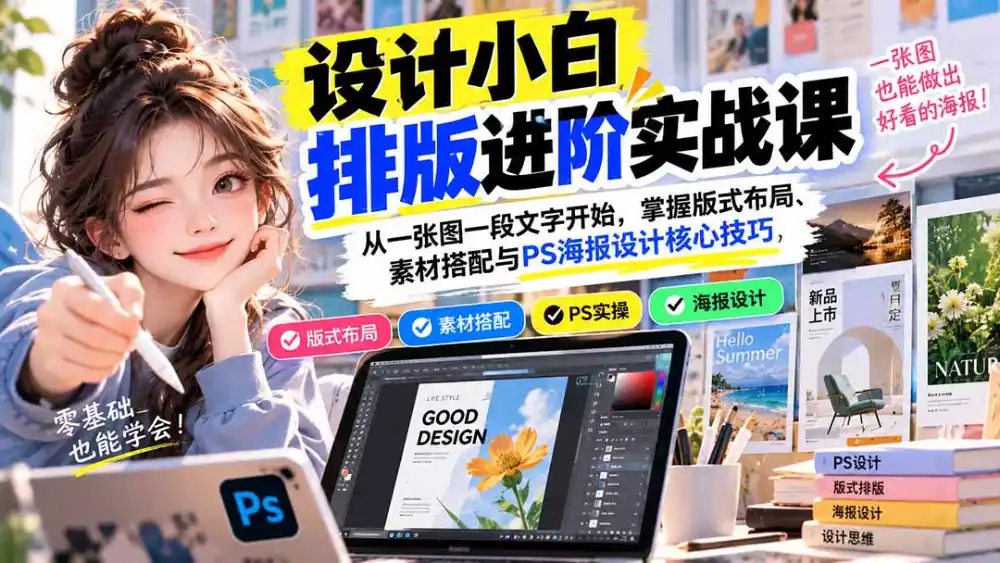 设计小白排版进阶实战课：从一张图一段文字开始，掌握版式布局、素材搭配与PS海报设计核心技巧-北极星资源库