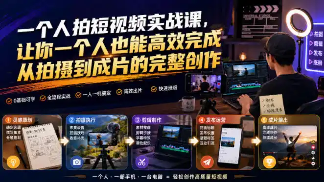 一个人拍短视频实战课，让你一个人也能高效完成从拍摄到成片的完整创作-北极星资源库