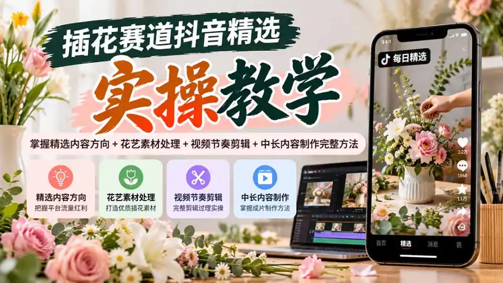 插花赛道抖音精选实操教学：掌握精选内容方向+花艺素材处理+视频节奏剪辑+中长内容制作完整方法-北极星资源库