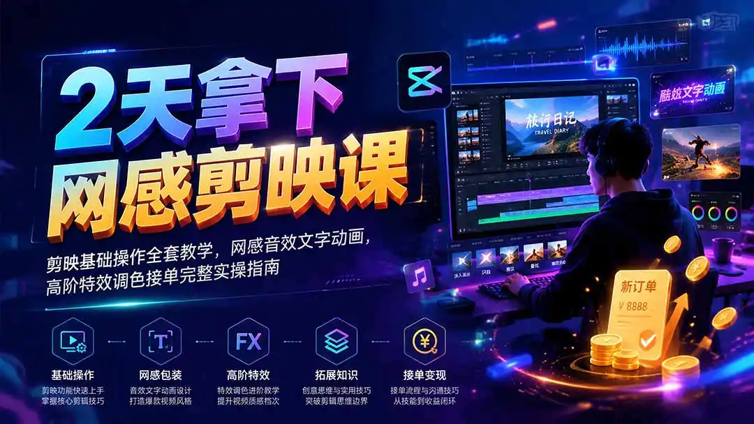 2天拿下网感剪辑课｜剪映基础操作全套教学，网感音效文字动画，高阶特效调色接单完整实操指南-北极星资源库