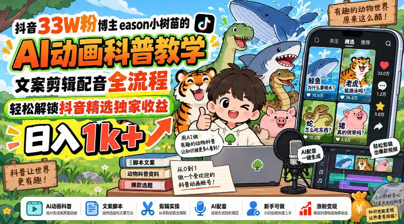 抖音33W粉博主eason小树苗的AI动画科普教学，文案剪辑配音全流程，轻松解锁抖音精选独家收益，日入1k+-北极星资源库