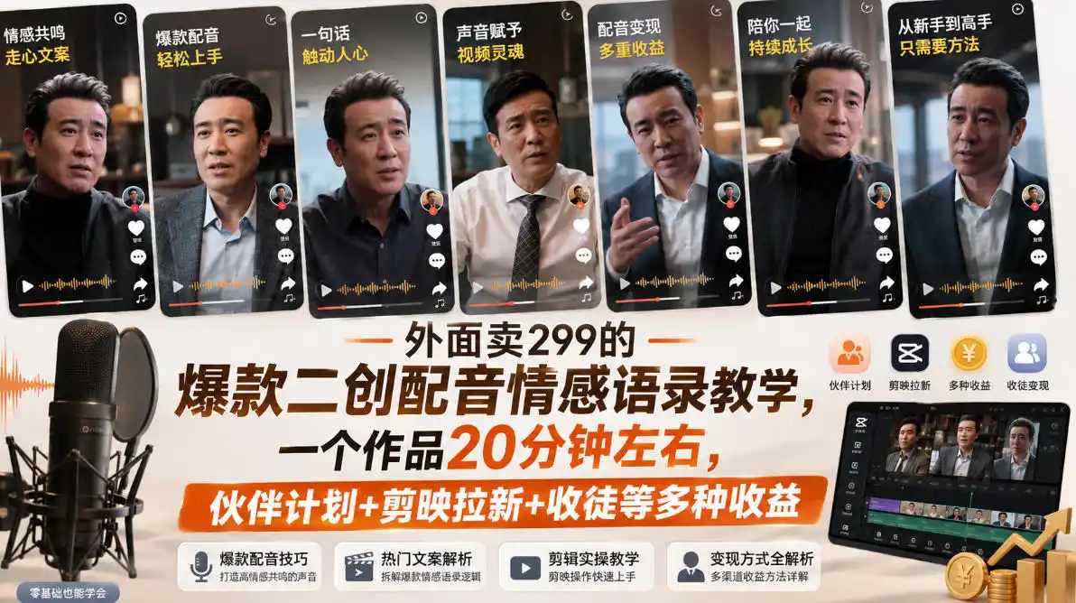 外面卖299的爆款二创配音情感语录教学，一个作品20分钟左右，伙伴计划+剪映拉新+收徒等多种收益-北极星资源库