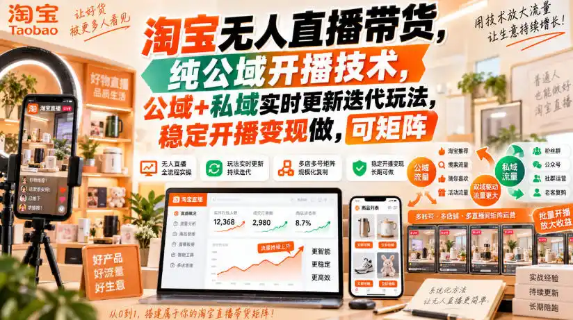 淘宝无人直播带货,纯公域开播技术,公域+私域实时更新迭代玩法,稳定开播变现做,可矩阵【揭秘】-北极星资源库