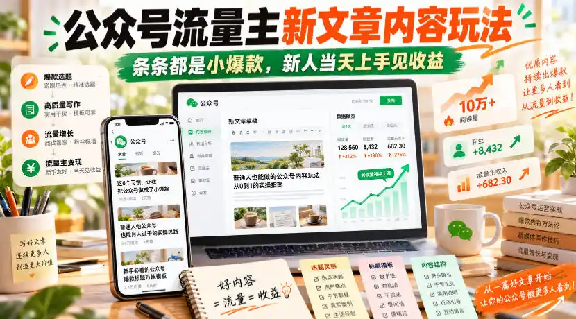 公众号流量主新文章内容玩法，条条都是小爆款，新人当天上手见收益-北极星资源库
