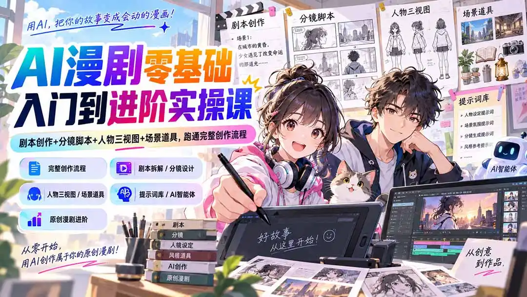 AI漫剧零基础入门到进阶实操课：剧本创作+分镜脚本+人物三视图+场景道具，跑通完整创作流程-北极星资源库
