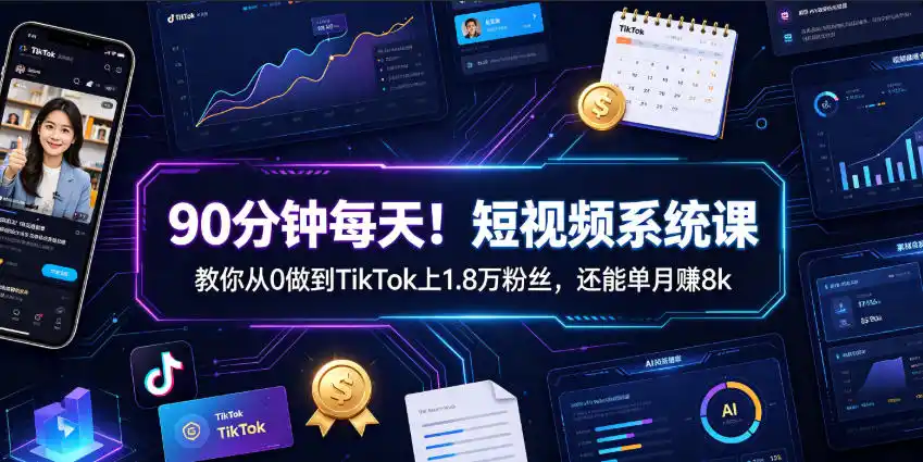 90分钟每天！短视频系统课教你从0做到TikTok上1.8万粉丝，还能单月賺8k【原创双语字幕】-北极星资源库