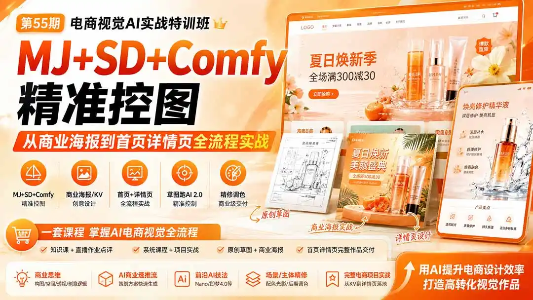 电商视觉 AI实战训练营第55期：MJ+SD+Comfy精准控图，从商业海报到首页详情页全流程实战-北极星资源库