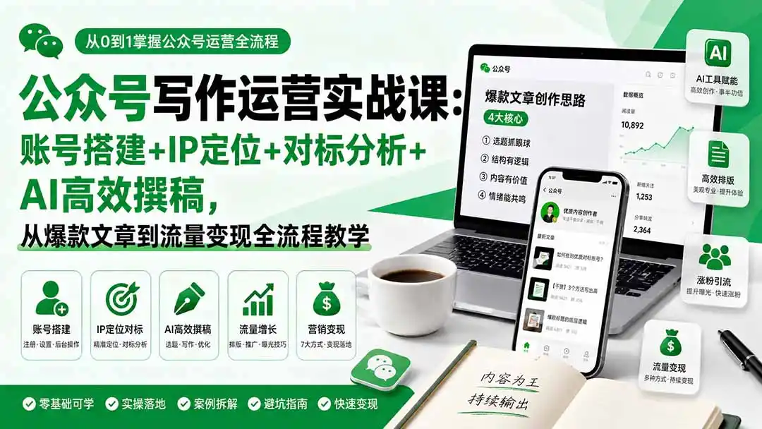 公众号写作运营实战课：账号搭建+IP定位+对标分析+AI高效撰稿，从爆款文章到流量变现全流程教学-北极星资源库
