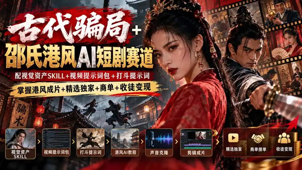 古代骗局+邵氏港风AI短剧赛道：配视觉资产SKILL+视频提示词包+打斗提示词，掌握港风成片+精选独家+商单+收徒变现-北极星资源库