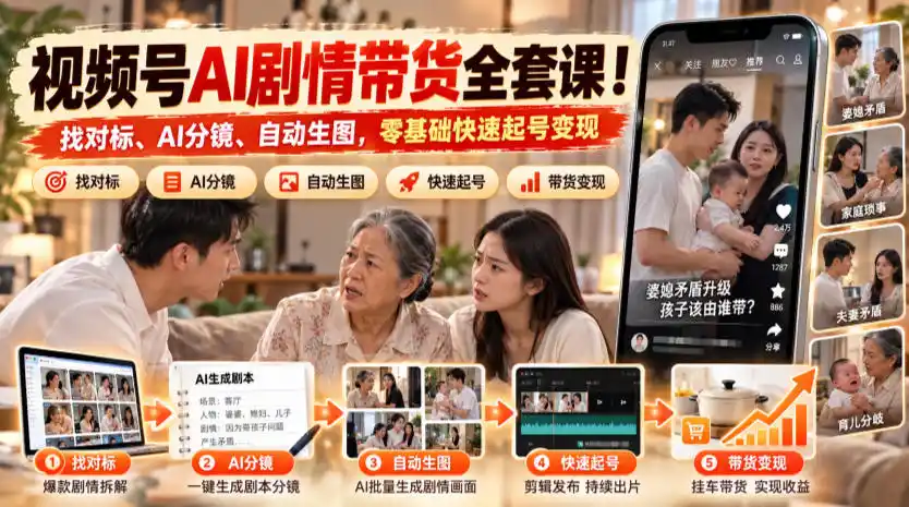 视频号AI剧情带货全套课！找对标、AI分镜、自动生图，零基础快速起号变现-北极星资源库
