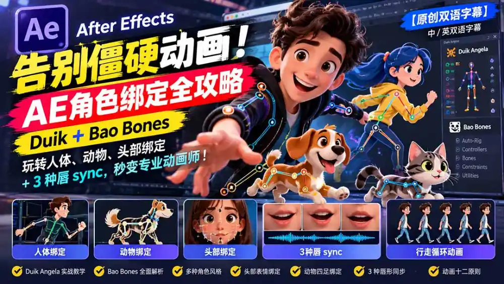 【无水印】告别僵硬动画！AE 角色绑定全攻略：Duik+Bao Bones玩转人体/动物/头部绑定+3种唇sync，秒变专业动画师-北极星资源库