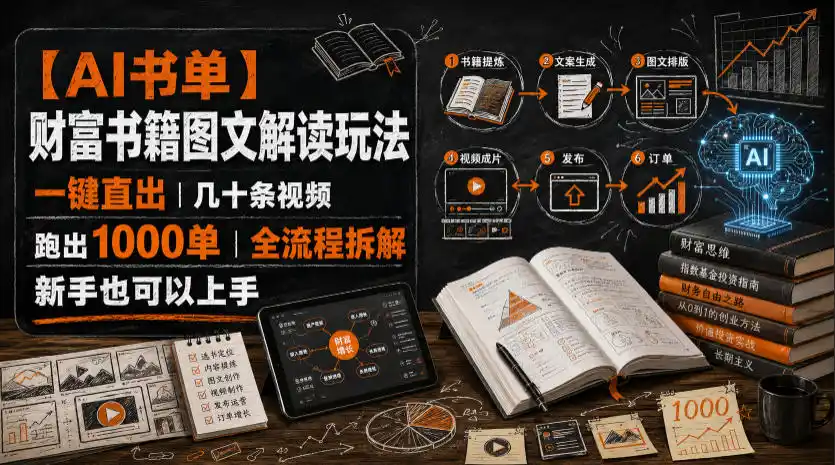 【AI书单】财富书籍图文解读玩法，一键直出，几十条视频，跑出1000单，全流程拆解，新手也可以上手-北极星资源库