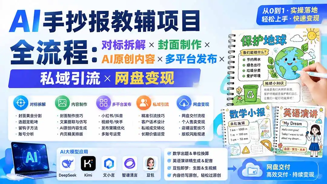 AI手抄报教辅项目全流程：对标拆解×封面制作×AI原创内容×多平台发布×私域引流×网盘变现-北极星资源库
