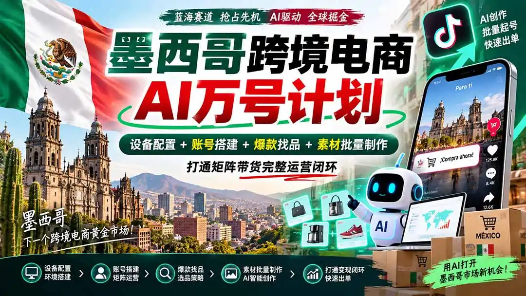 墨西哥AI跨境电商万号计划｜设备配置+账号搭建+爆款找品+素材批量制作，打通矩阵带货完整运营闭环-北极星资源库