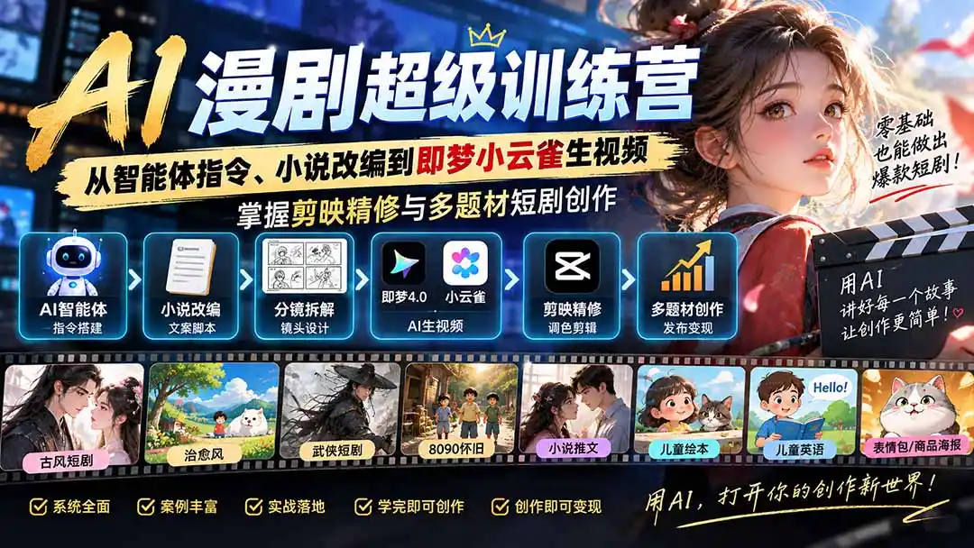 AI漫剧超级特训营：从智能体指令、小说改编到即梦小云雀生视频，掌握剪映精修与多题材短剧创作-北极星资源库