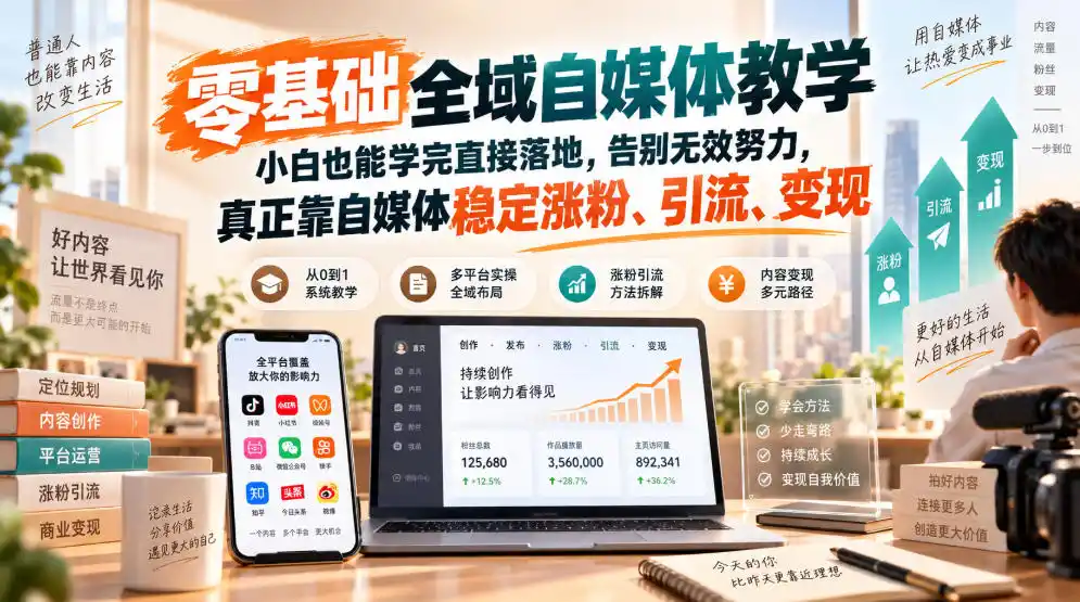 零基础全域自媒体教学，小白也能学完直接落地，告别无效努力，真正靠自媒体稳定涨粉、引流、变现-北极星资源库
