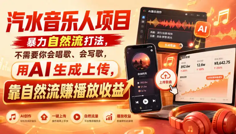 汽水音乐人项目，暴力自然流打法，不需要你会唱歌、会写歌，用AI生成上传，靠自然流賺播放收益-北极星资源库