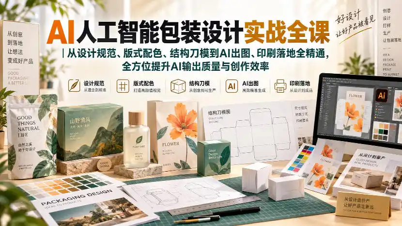 AI人工智能包装设计实战全课｜从设计规范、版式配色、结构刀模到AI出图、印刷落地全精通-北极星资源库