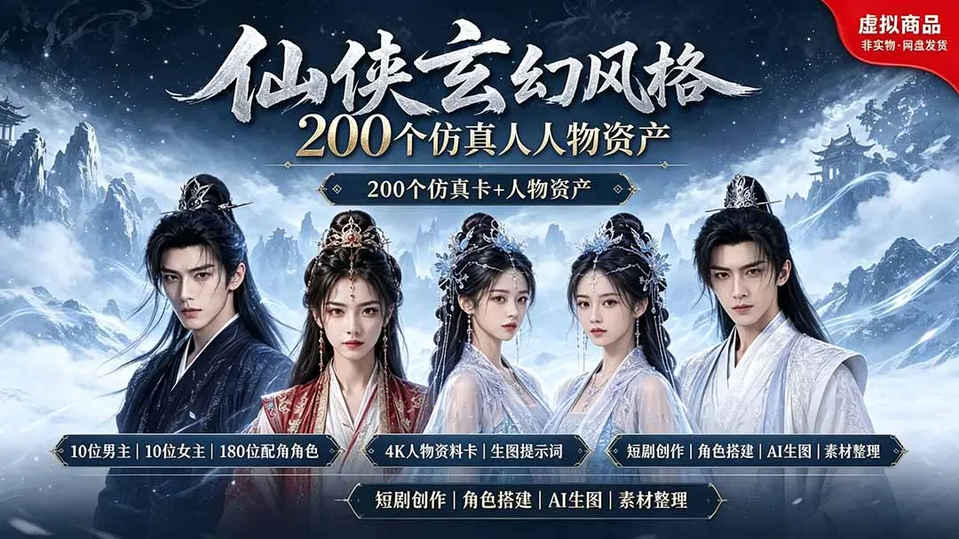 200个仙侠玄幻仿真人素材◆10男主×10女主×180配角，4K资料卡+AI生图提示词，漫剧必备-北极星资源库