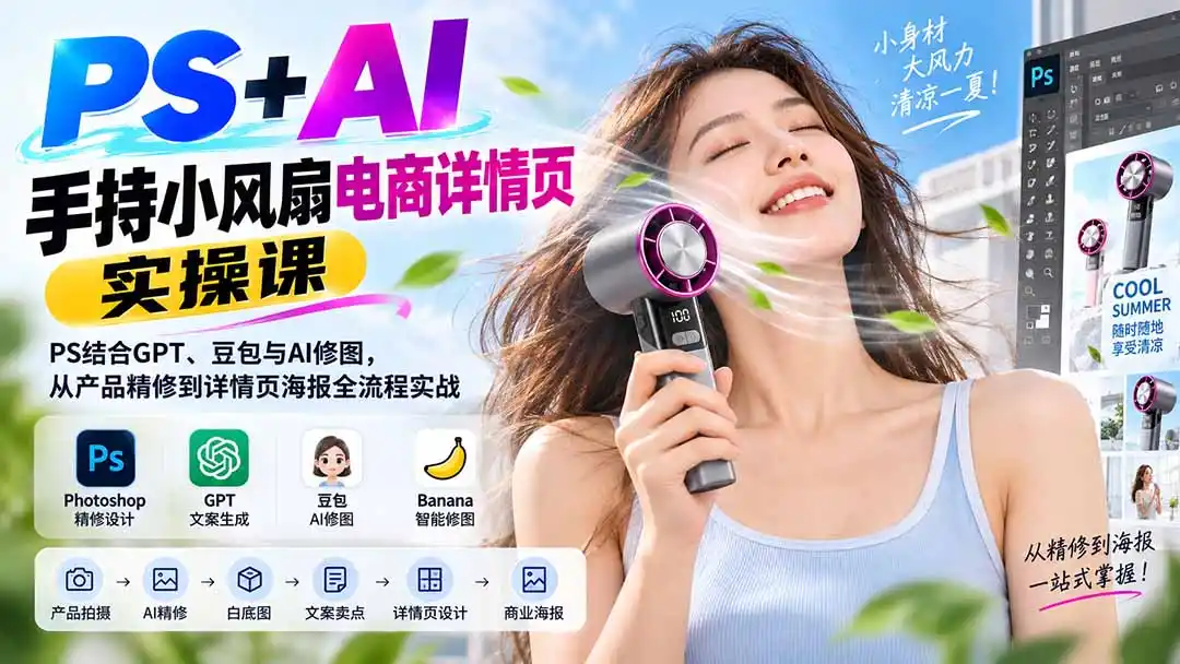 PS+AI手持小风扇电商详情页实操课：PS结合GPT、豆包与AI修图，从产品精修到详情页海报全流程实战-北极星资源库