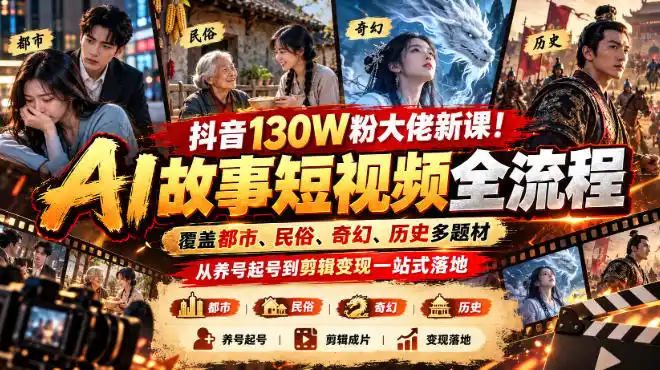 抖音130W粉大佬新课!AI故事短视频全流程,覆盖都市、民俗、奇幻、历史多题材,从养号起号到剪辑变现一站式落地-北极星资源库