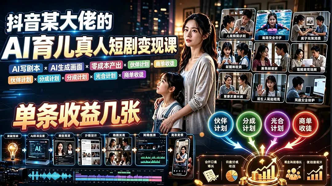 AI育儿真人短剧变现课：AI写剧本×AI生成画面×零成本产出×伙伴计划×分成计划×光合计划×商单收徒-北极星资源库