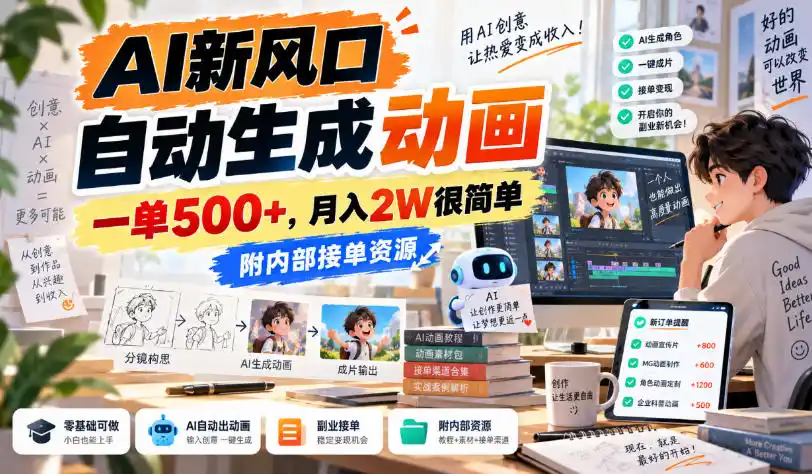 AI新风口,自动生成动画,一单500+,月入2W很简单,附内部接单资源【揭秘】-北极星资源库