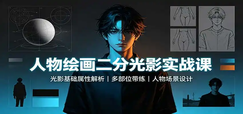 人物绘画二分光影实战课：光影基础属性解析，多部位带练，人物场景设计-北极星资源库