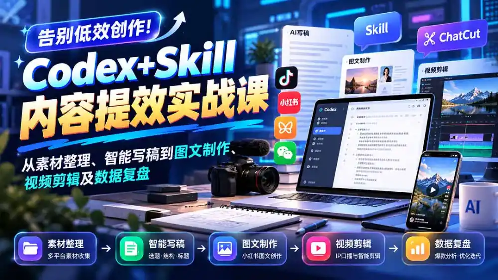 【无水印】告别低效创作!Codex+Skill内容提效实战课:从素材整理、智能写稿到图文制作、视频剪辑及数据复盘-北极星资源库