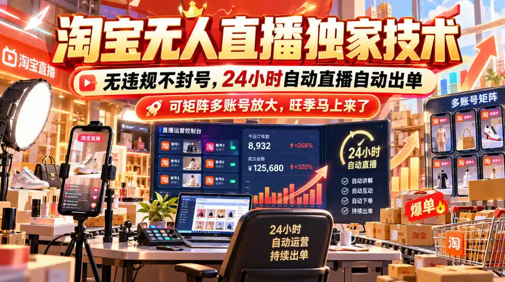 淘宝无人直播独家技术，无违规不封号，24小时自动直播自动出单，可矩阵多账号放大，旺季马上来了【揭秘】-北极星资源库