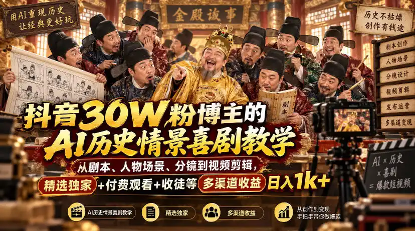 抖音30W粉博主的AI历史情景喜剧教学，从剧本、人物场景、分镜到视频剪辑，精选独家+付费观看+收徒等多渠道收益日入1k+-北极星资源库