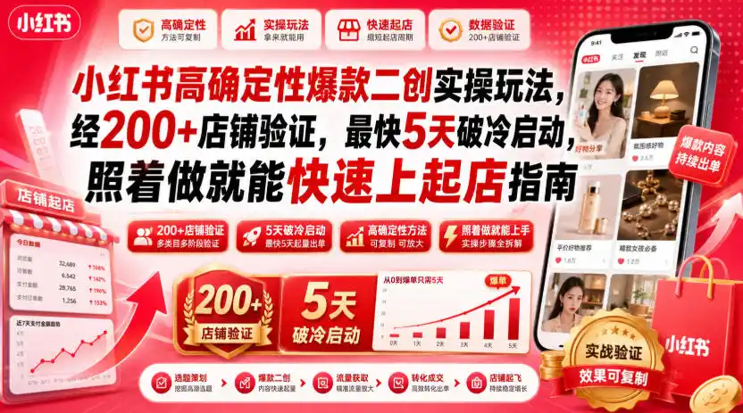 小红书高确定性爆款二创实操玩法，经200+店铺验证，最快5天破冷启动，照着做就能快速上起店指南-北极星资源库
