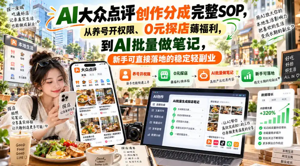 【无水印】AI大众点评创作分成完整SOP，从养号开权限、0元探店薅福利，到AI批量做笔记，新手可直接落地的稳定轻副业-北极星资源库