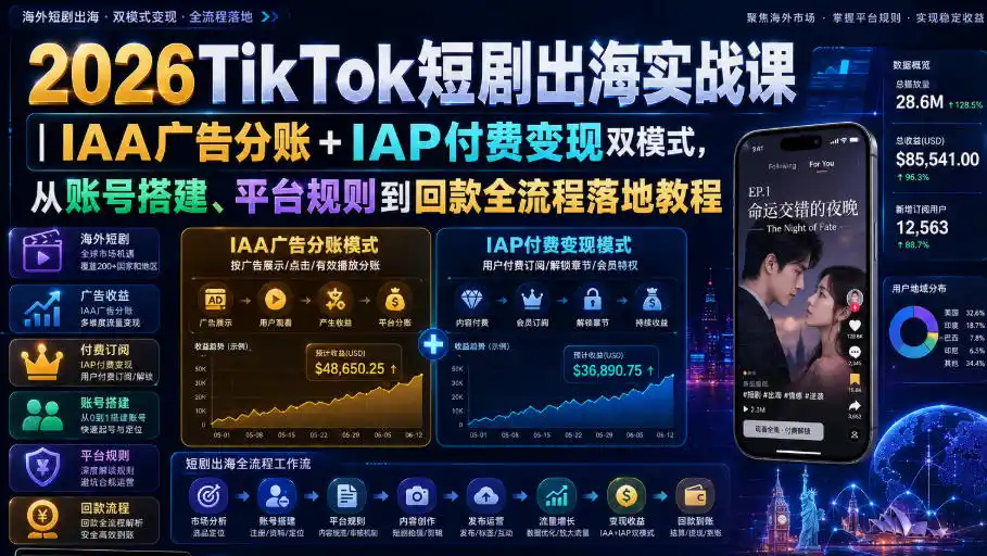 2026TikTok短剧出海实战课｜IAA广告分账+IAP付费变现双模式，从账号搭建、平台规则到回款全流程落地教程-北极星资源库