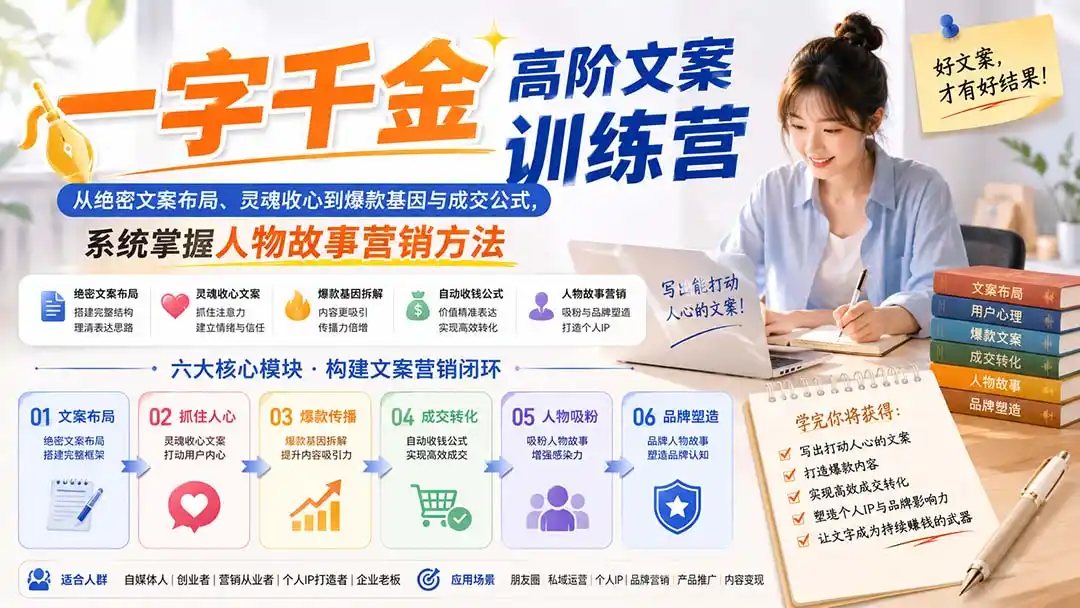一字千金高阶文案训练营：从绝密文案布局、灵魂收心到爆款基因与成交公式，系统掌握人物故事营销方法-北极星资源库
