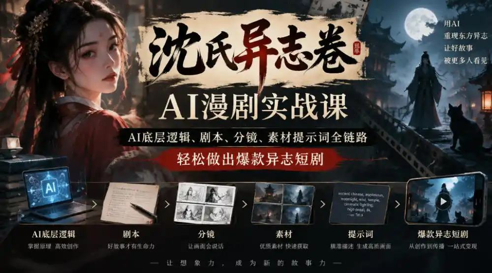 沈氏异志卷AI漫剧实战课｜AI底层逻辑、剧本、分镜、素材提示词全链路，轻松做出爆款异志短剧-北极星资源库
