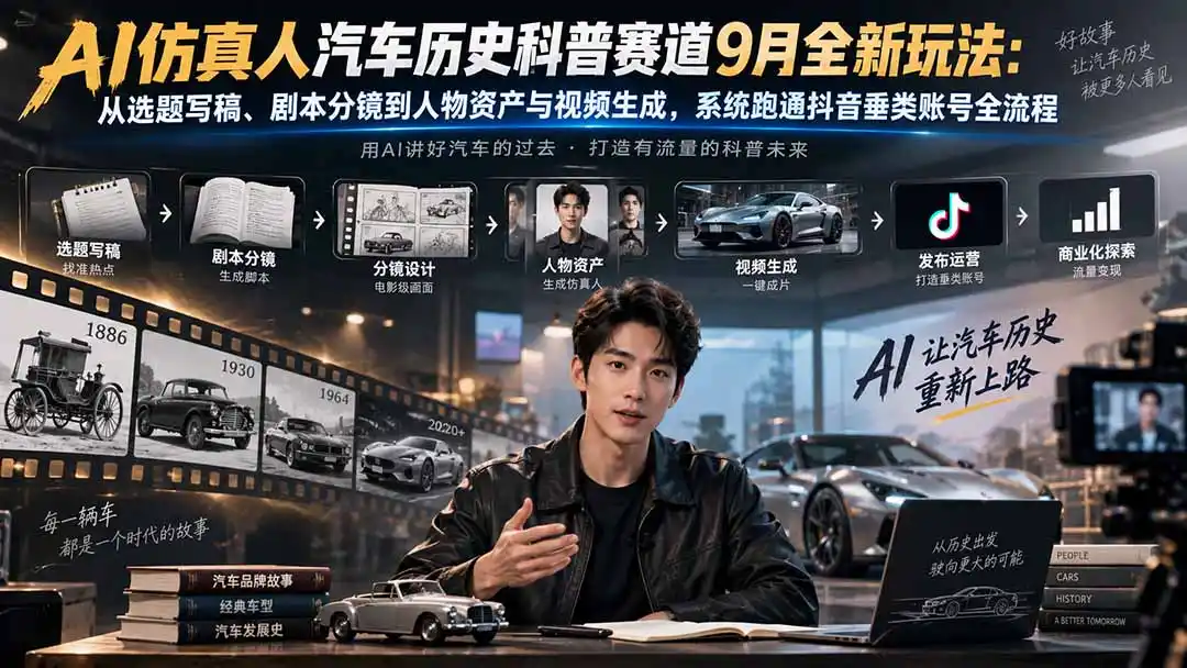 AI仿真人汽车历史科普赛道9月全新玩法：从选题写稿、剧本分镜到人物资产与视频生成，系统跑通抖音垂类账号全流程-北极星资源库
