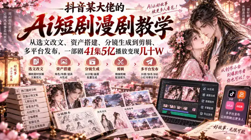 抖音某大佬的Ai短剧漫剧教学，从选文改文、资产搭建、分镜生成到剪辑、多平台发布，一部剧41集5亿播放变现几十W-北极星资源库