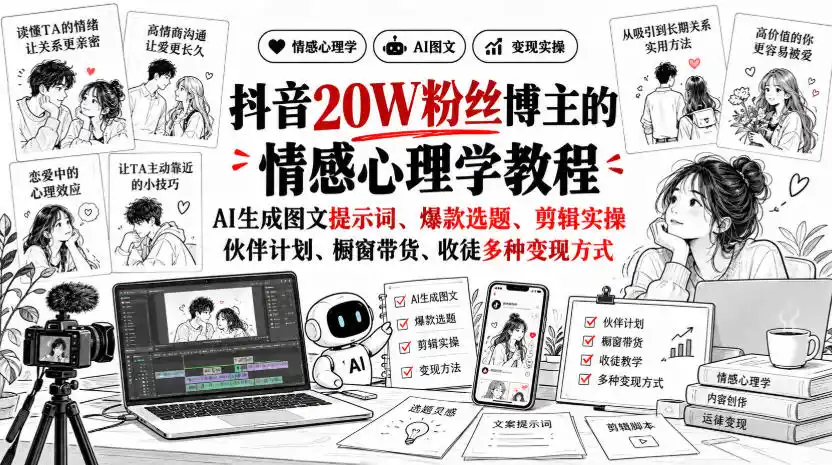 抖音20W粉丝博主静候心声的情感心理学教程，AI生成图文提示词、爆款选题、剪辑实操，伙伴计划、橱窗带货、收徒多种变现方式-北极星资源库