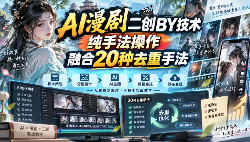 AI漫剧二创搬运技术,纯手法操作,融合20种去重手法-北极星资源库