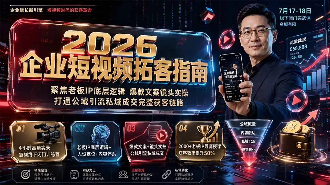 2026企业短视频拓客指南：聚焦老板IP底层逻辑，爆款文案镜头实操，打通公域引流私域成交完整获客链路-北极星资源库