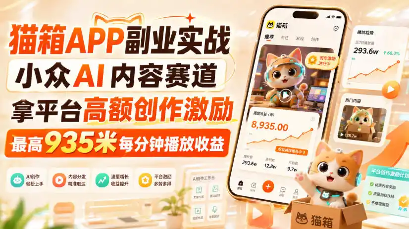 猫箱APP副业实战，小众AI内容赛道，拿平台高额创作激励，最高935米每分钟播放收益-北极星资源库